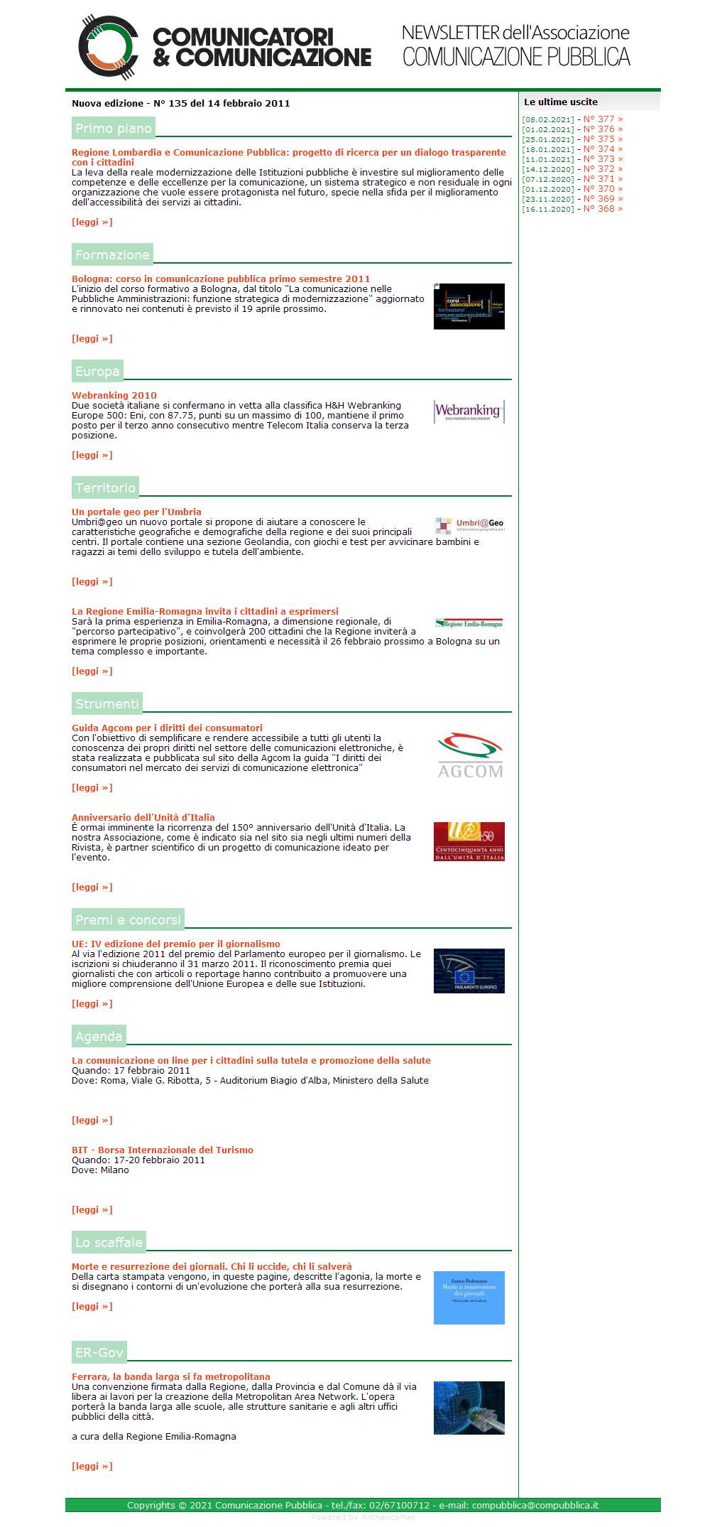 Comunicatori e Comunicazione Newsletter  n� 135 -   14 febbraio 2011