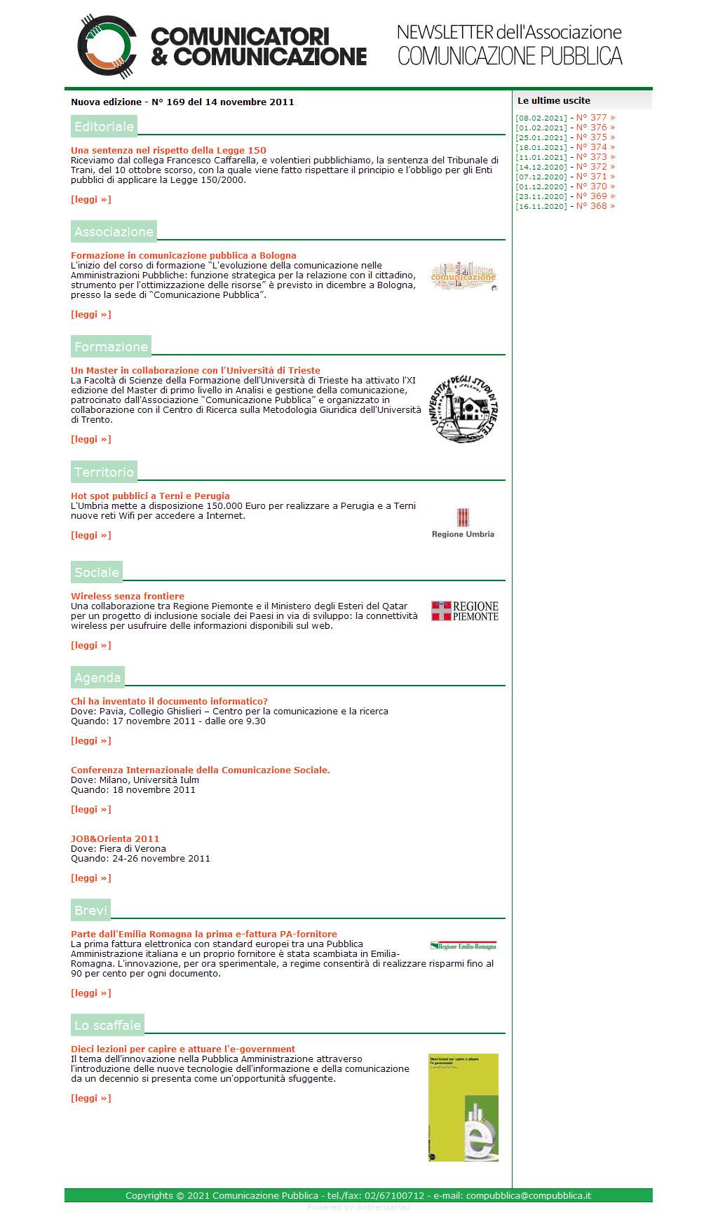 Comunicatori e Comunicazione Newsletter  n� 169  -  14 novembre 2011