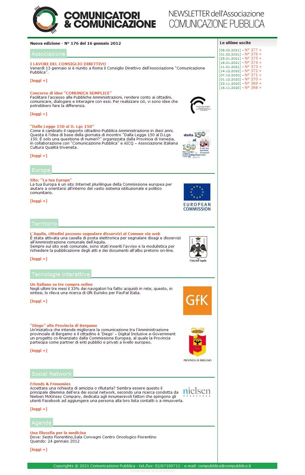 Comunicatori e Comunicazione Newsletter  n� 176  - 16 gennaio 2012