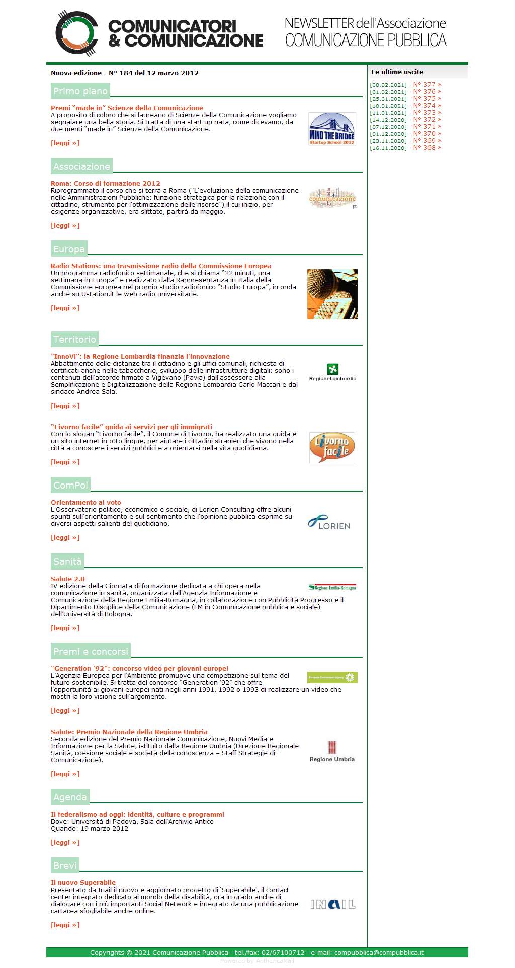 Comunicatori e Comunicazione Newsletter  n� 184  - 12 marzo 2012