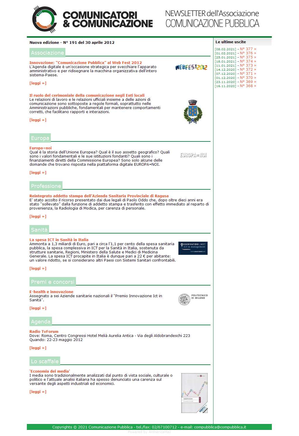 Comunicatori e Comunicazione Newsletter  n� 191  - 30 aprile 2012