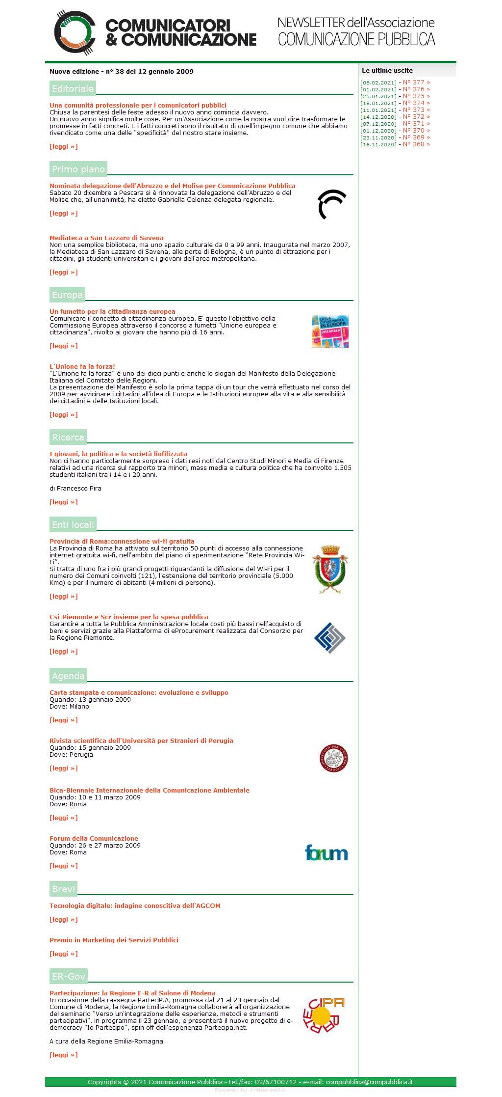 Comunicatori e Comunicazione Newsletter  n� 38- gennaio 2009