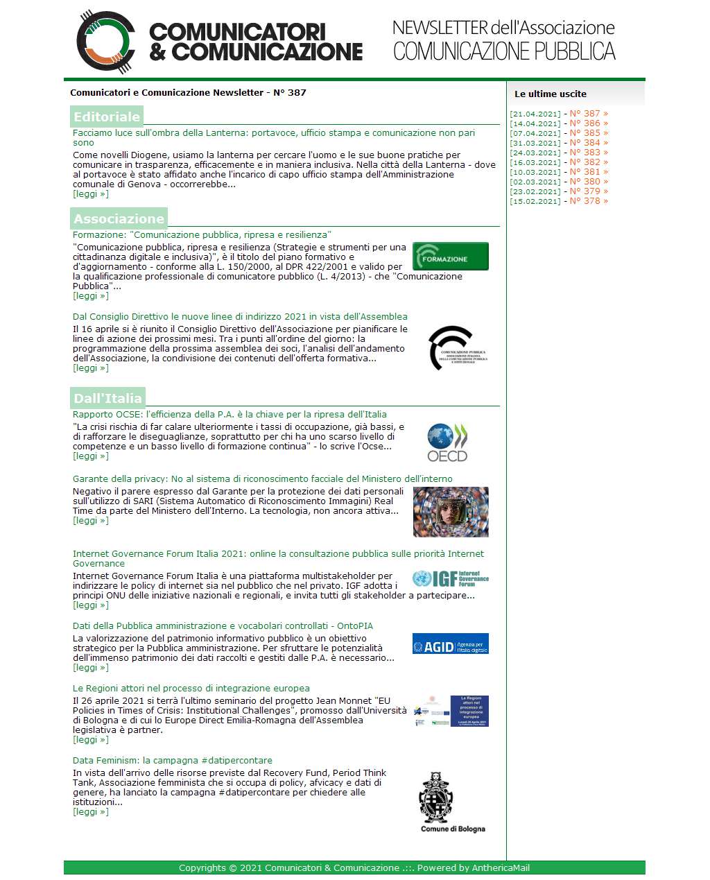 Comunicatori e Comunicazione n° 387 - 21 aprile 2021