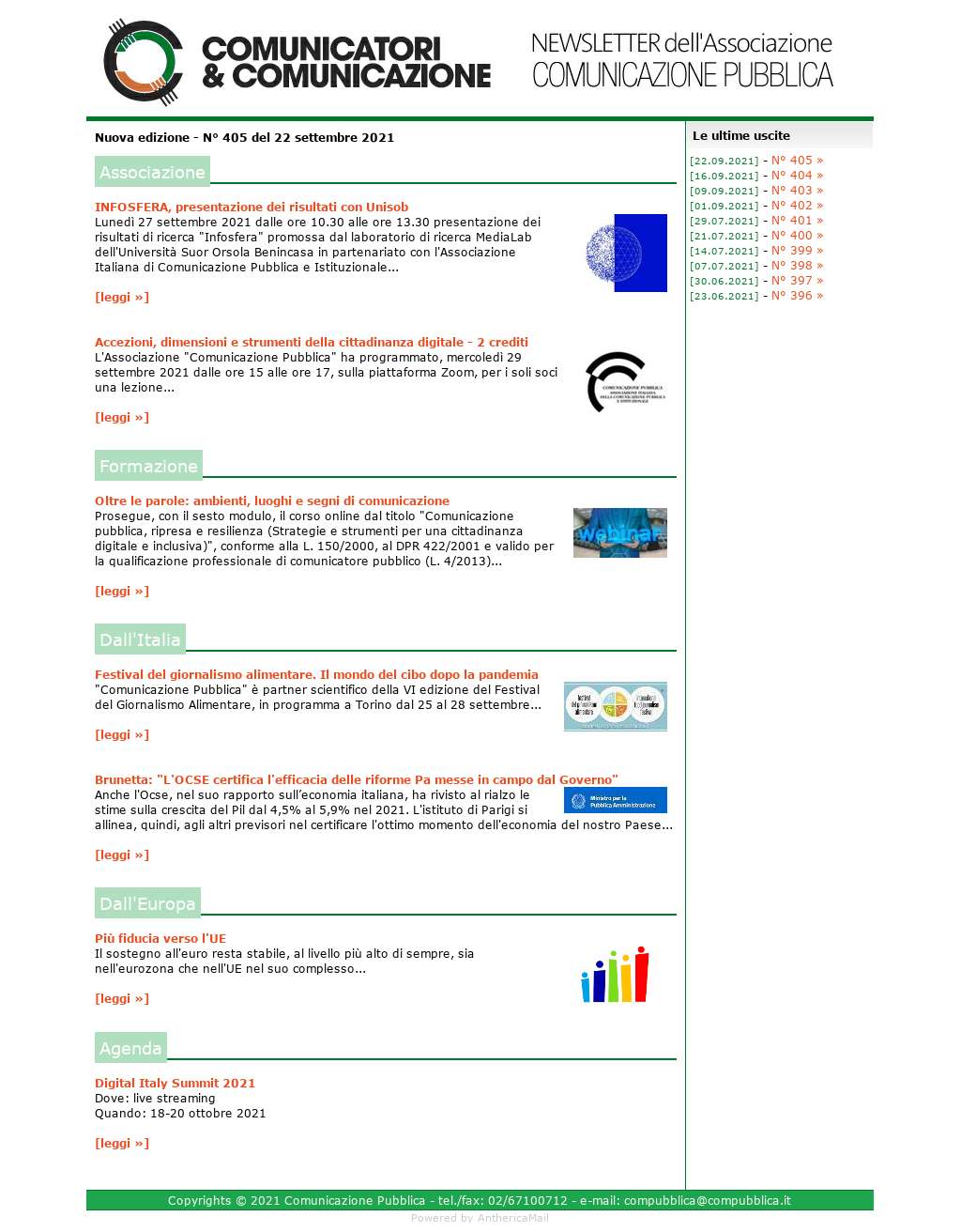 Comunicatori e Comunicazione n° 405 - 22 settembre 2021