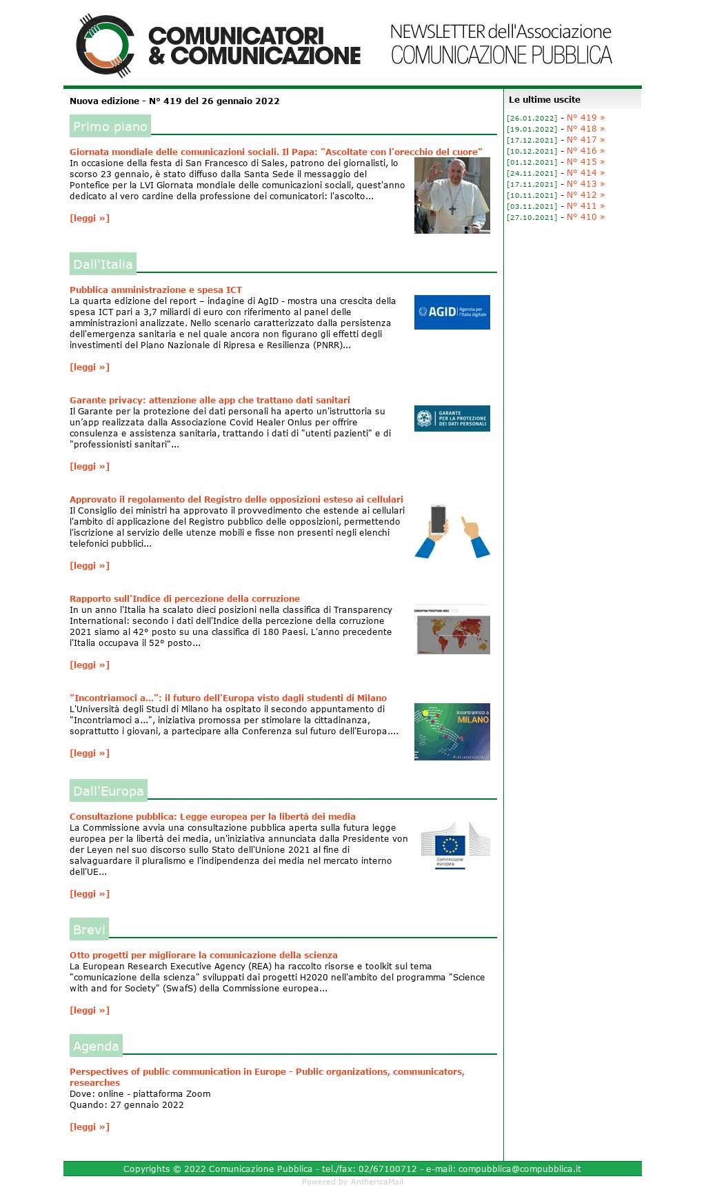 Comunicatori e Comunicazione n° 419 - 26 gennaio 2022