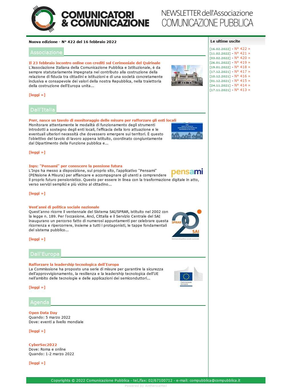 Comunicatori e Comunicazione n° 422 - 16 febbraio 2022