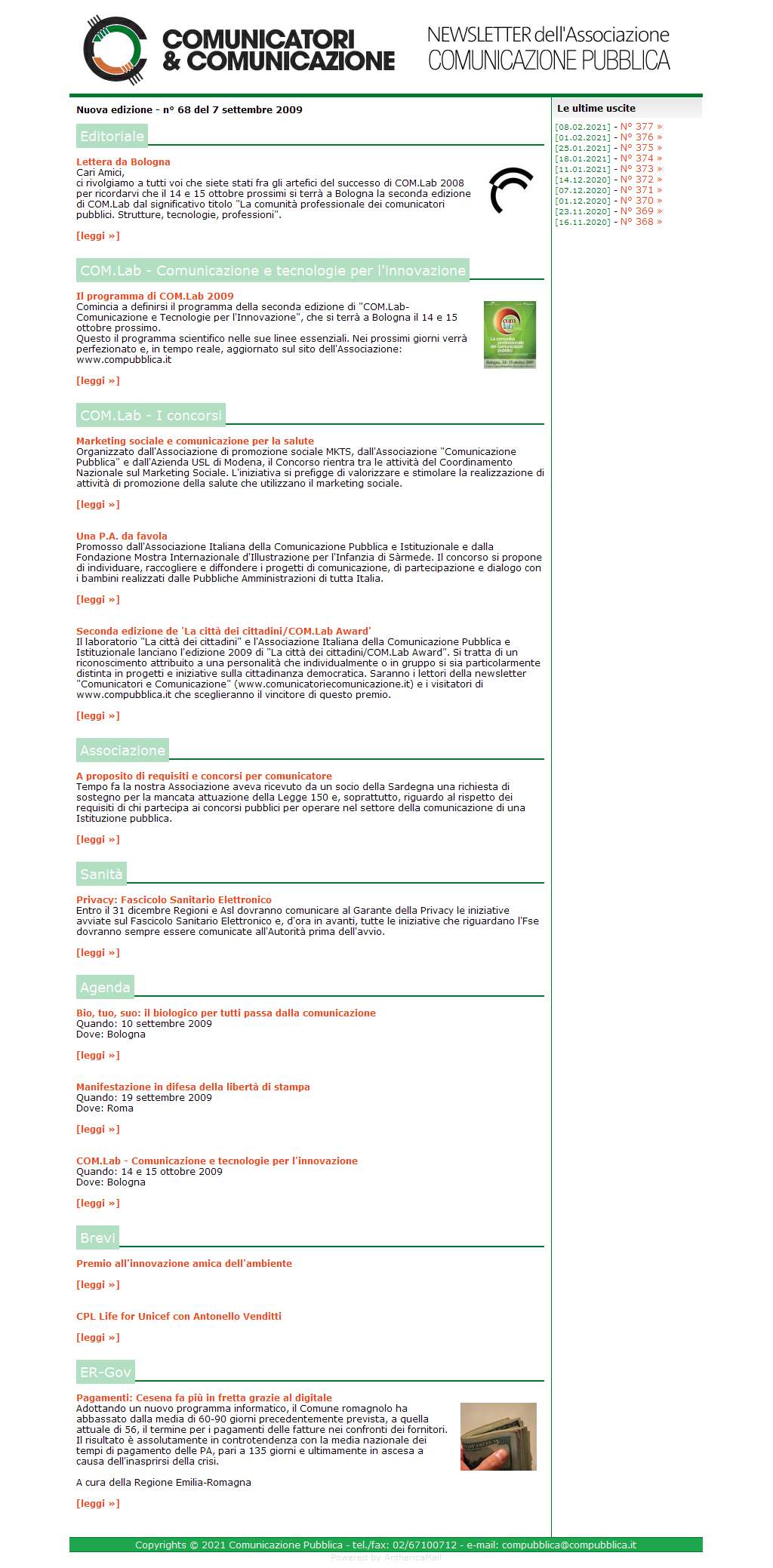 Comunicatori e Comunicazione Newsletter  n� 68 - 7 settembre 2009