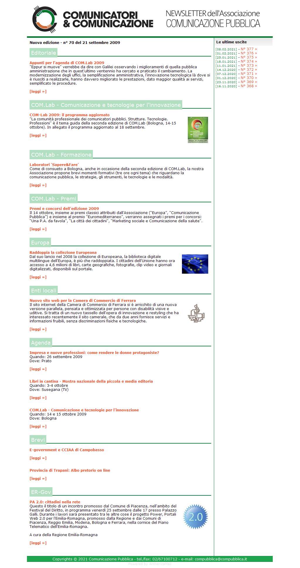 Comunicatori e Comunicazione Newsletter  n� 70 - 21 settembre 2009